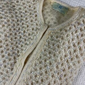 Vintage Sidney Gould Sequin‎ Cardigan 50s Mohair Blend Crochet Knit Ecru